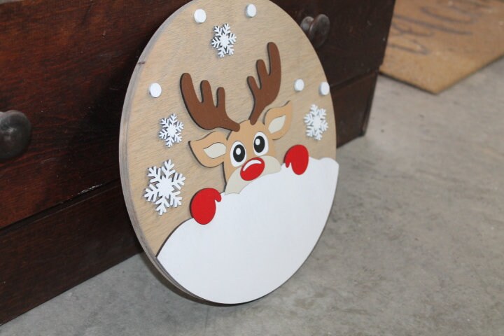 Peeking Deer Winter Snow Chilly Cold Christmas Rudolph Reindeer Handmade Home Decor Sign Door hanger Wall art Cute Red Cartoon
