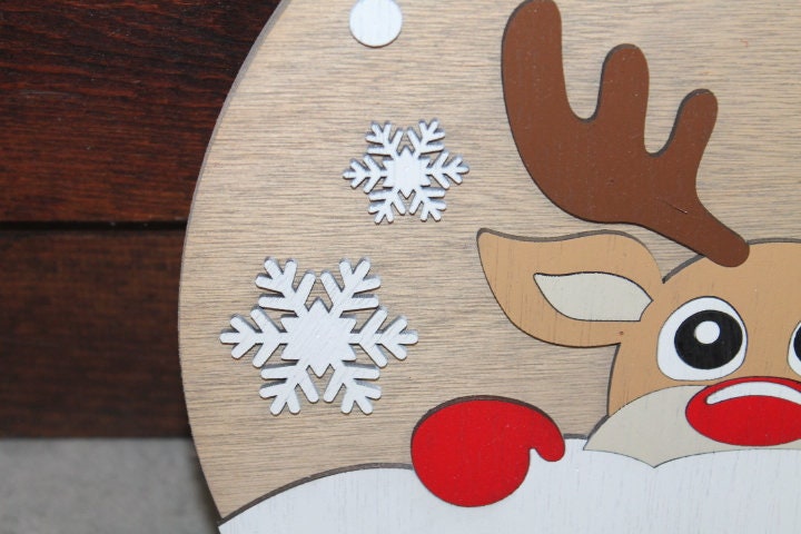 Peeking Deer Winter Snow Chilly Cold Christmas Rudolph Reindeer Handmade Home Decor Sign Door hanger Wall art Cute Red Cartoon