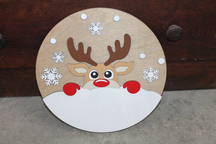 Peeking Deer Winter Snow Chilly Cold Christmas Rudolph Reindeer Handmade Home Decor Sign Door hanger Wall art Cute Red Cartoon