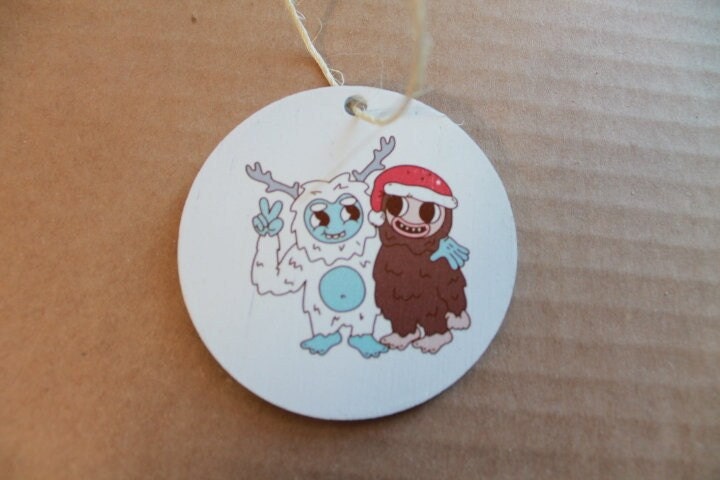 Yeti and Bigfoot Pals Besties Friends Cartoon Festive Cryptic Ornament Mythical Printed Keychain Giftable Gift for Him Gift for her Wooden