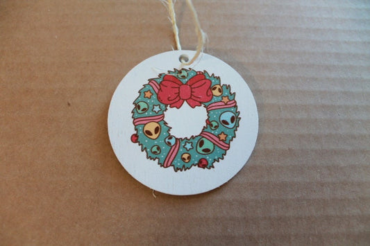 Extraterrestrial Alien Wreath Santa Christmas Cryptic Ornament Collector Mythical Printed Keychain Giftable Gift for Him Gift for her Wooden