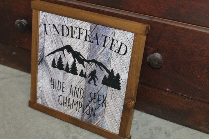 Bigfoot Wood Sign Hide and Seek Champion Sasquatch Undefeated Big Foot Rustic Wooden Sign Wall Decor Art Plaque Wood Print Farmhouse