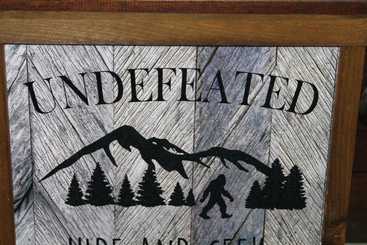 Bigfoot Wood Sign Hide and Seek Champion Sasquatch Undefeated Big Foot Rustic Wooden Sign Wall Decor Art Plaque Wood Print Farmhouse