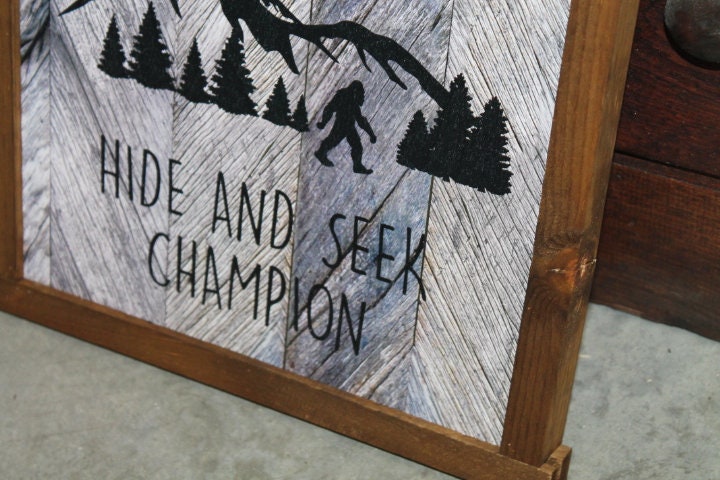Bigfoot Wood Sign Hide and Seek Champion Sasquatch Undefeated Big Foot Rustic Wooden Sign Wall Decor Art Plaque Wood Print Farmhouse