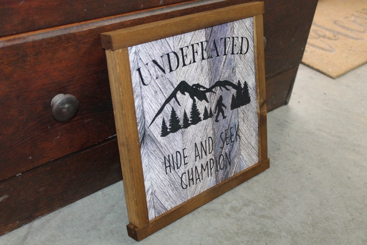 Bigfoot Wood Sign Hide and Seek Champion Sasquatch Undefeated Big Foot Rustic Wooden Sign Wall Decor Art Plaque Wood Print Farmhouse