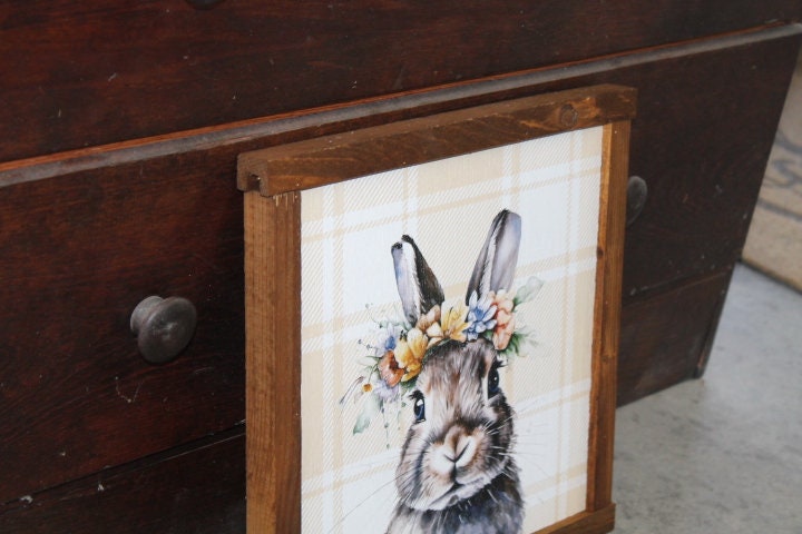 Bunny Decor Easter Spring Floral Flower Crown Plaid Handmade Home Decor Printed Framed Rabbit Cute Bright Animals