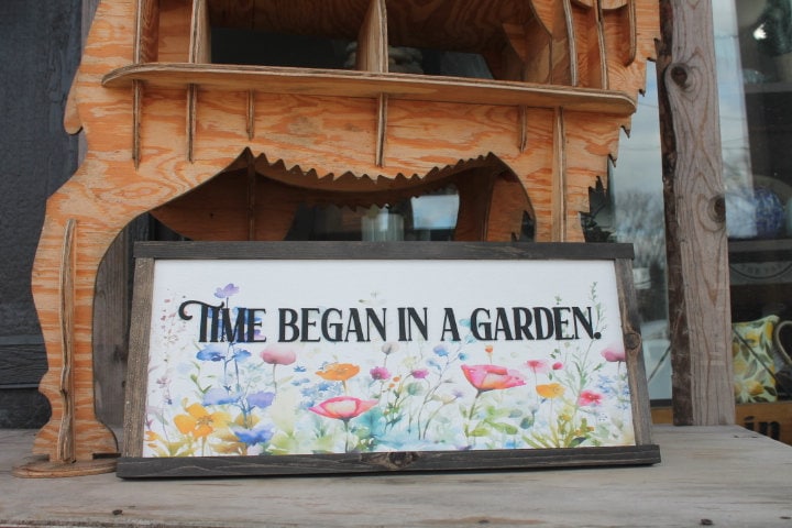 Garden Spring Decor Time Began in a garden Floral Colorful Bright Inspiring Uplifting Text 3D Raised Text Wall Decoration Primitive Rustic