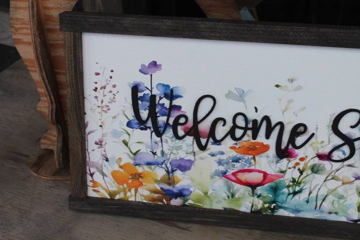 Welcome Spring Decor Garden Floral Flowers Handmade Colorful Bright Inspiring Uplifting Text 3D Raised Text Wall Decoration Primitive Rustic