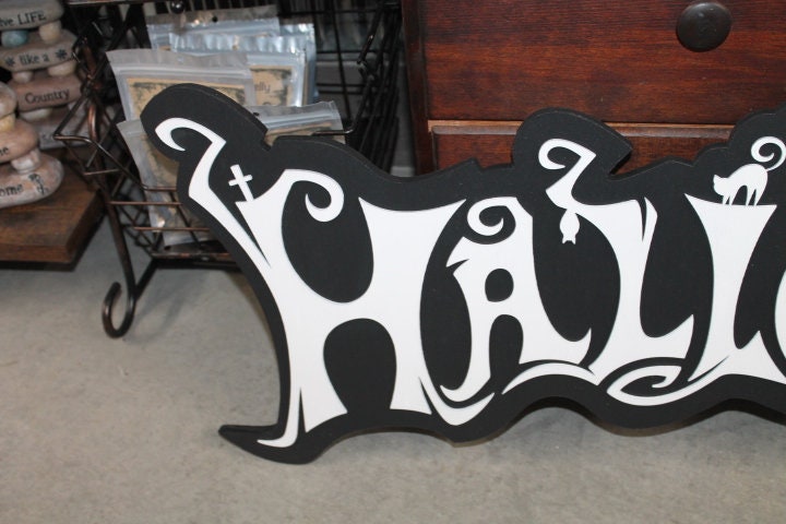 Halloween White and Black Jack O Lantern Spooky Forest Black Cat Prop Wooden Decor Fall Autumn Decoration Sign Haunted Grave Yard Theme