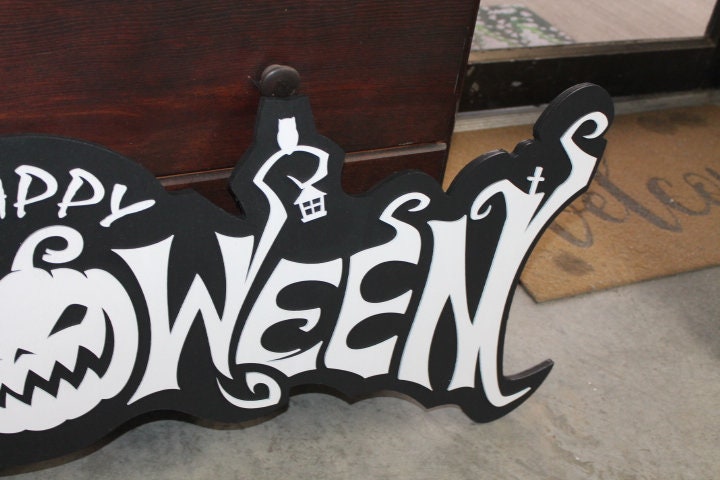 Halloween White and Black Jack O Lantern Spooky Forest Black Cat Prop Wooden Decor Fall Autumn Decoration Sign Haunted Grave Yard Theme