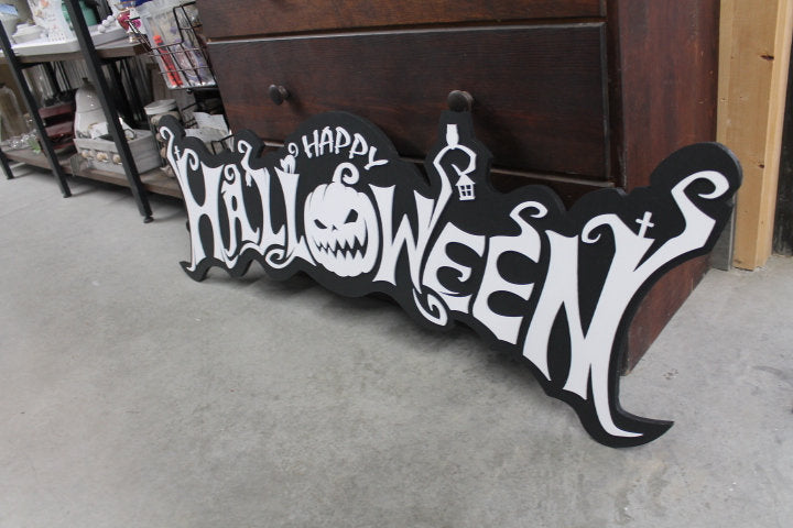 Halloween White and Black Jack O Lantern Spooky Forest Black Cat Prop Wooden Decor Fall Autumn Decoration Sign Haunted Grave Yard Theme