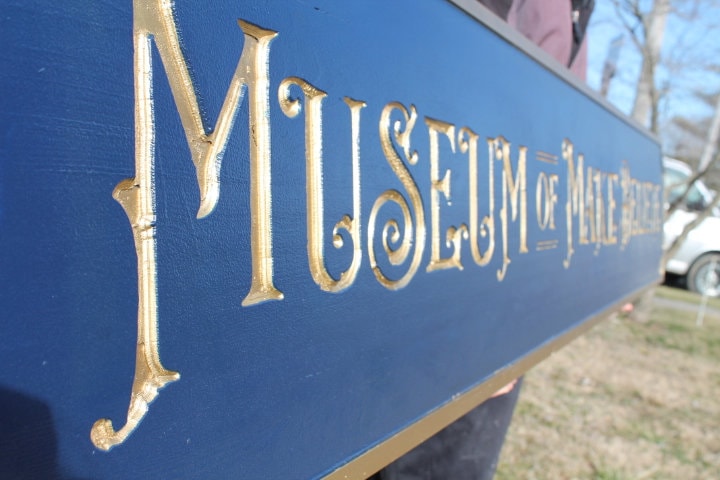 Gold Carved Make believe Museum Blue Vintage Antique Victorian Personalized Custom Wooden Etched Sign Engraved Routed Color Filled