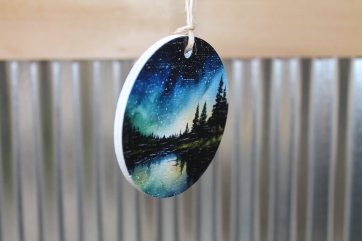 Night scene Lake Image Woods Camping Star Forest Explore Ornament Printed Keychain Giftable Gift for Him Gift for her Wooden