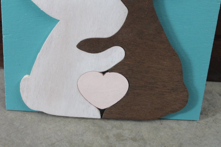 Bunny Rabbit Heart Blue Pink Family of 3 Handmade Family Easter Spring Nursery Decor 3D Raised Text Wall Décor Decoration Travel Primitive