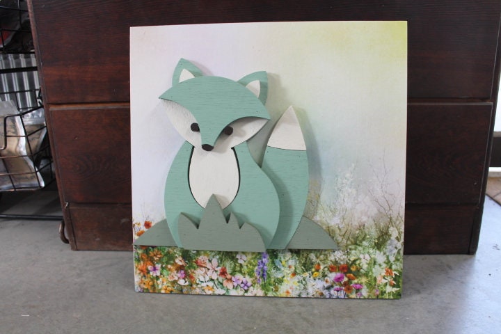 Woodland Fox Floral Teal Kit Color Baby Gift Girls Room Handmade Spring Nursery Decor 3D Raised Text Wall Décor Decoration Primitive