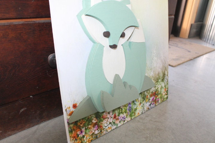 Woodland Fox Floral Teal Kit Color Baby Gift Girls Room Handmade Spring Nursery Decor 3D Raised Text Wall Décor Decoration Primitive