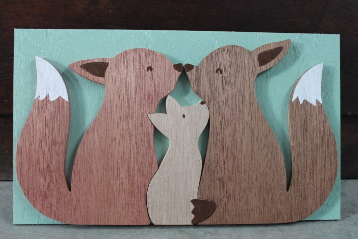 Fox Family Kit Mom Dad Spring Woodland Sweet Baby Shower Gift Nursery Handmade 3D Raised Layered Wall Decoration Primitive Rustic