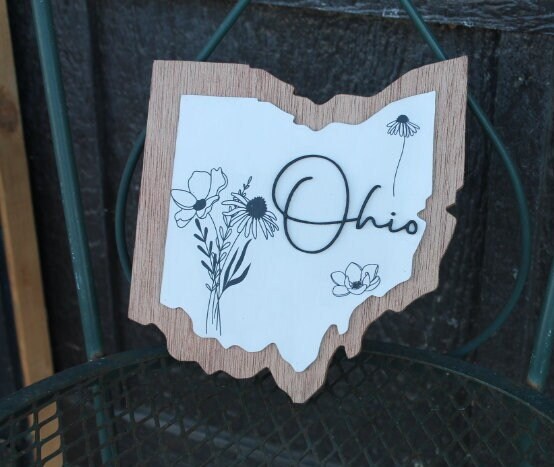 Ohio Floral Wild Flower Wall Decor Handmade State Cutout Minimalist Home decor Wooden Layered Sign Hometown Farmhouse Shabby Chic Giftable