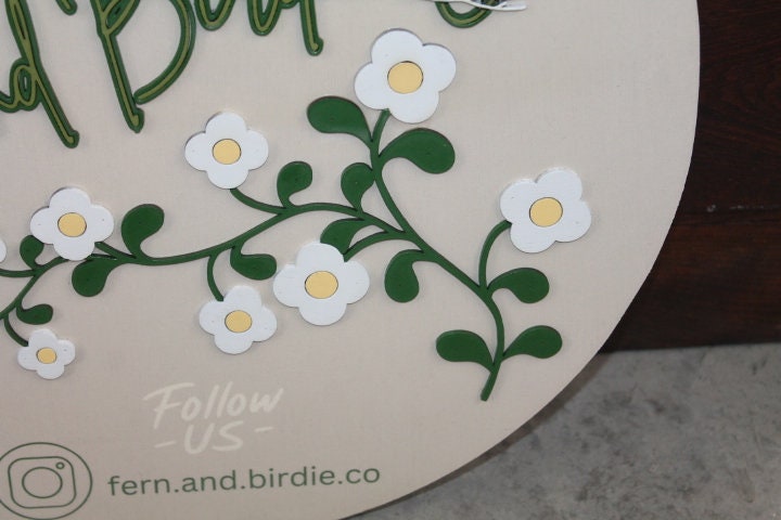 Sun Fern Birdie Social Handle Custom Sign Round Business Signage Boutique Made to Order Store Front Small Shop Logo Circle Wooden Handmade