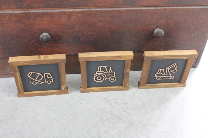 Boys Room Trucks Things with wheels Construction Excavator Tractor Cement Truck Nursery Handmade Decor Baby Gift Brown and Black