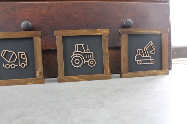 Boys Room Trucks Things with wheels Construction Excavator Tractor Cement Truck Nursery Handmade Decor Baby Gift Brown and Black