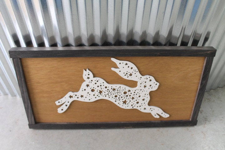 Bunny Rabbit Hare Stars Nursery Woodsy Woodland Fairy Tale Folk Running Wood Rustic Sign Farmhouse Unique Detailed Handmade Home decor
