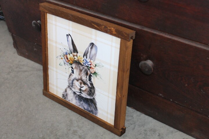 Bunny Decor Easter Spring Floral Flower Crown Plaid Handmade Home Decor Printed Framed Rabbit Cute Bright Animals