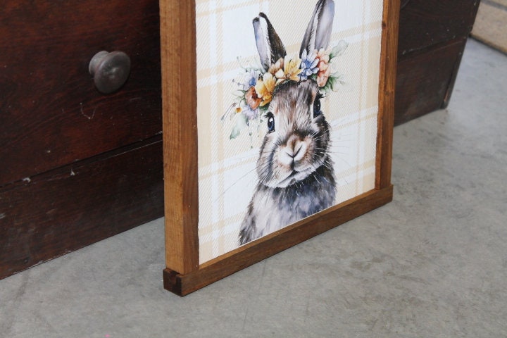 Bunny Decor Easter Spring Floral Flower Crown Plaid Handmade Home Decor Printed Framed Rabbit Cute Bright Animals