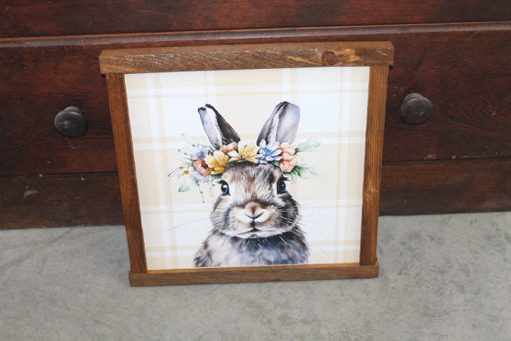 Bunny Decor Easter Spring Floral Flower Crown Plaid Handmade Home Decor Printed Framed Rabbit Cute Bright Animals