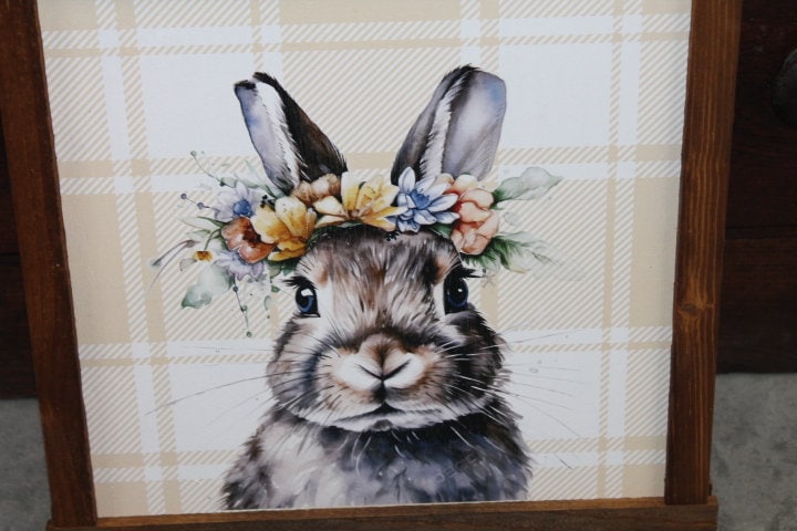 Bunny Decor Easter Spring Floral Flower Crown Plaid Handmade Home Decor Printed Framed Rabbit Cute Bright Animals