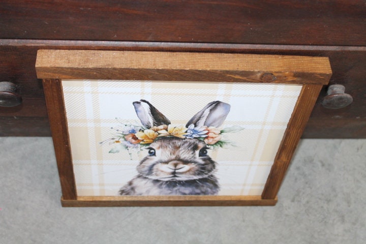 Bunny Decor Easter Spring Floral Flower Crown Plaid Handmade Home Decor Printed Framed Rabbit Cute Bright Animals