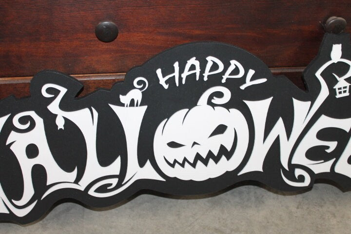 Halloween White and Black Jack O Lantern Spooky Forest Black Cat Prop Wooden Decor Fall Autumn Decoration Sign Haunted Grave Yard Theme
