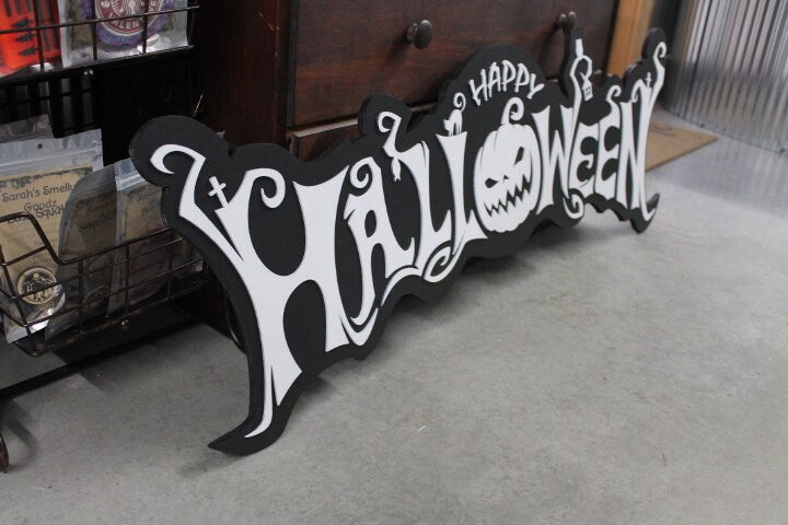 Halloween White and Black Jack O Lantern Spooky Forest Black Cat Prop Wooden Decor Fall Autumn Decoration Sign Haunted Grave Yard Theme