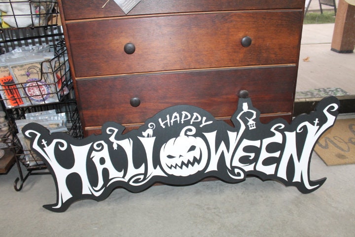 Halloween White and Black Jack O Lantern Spooky Forest Black Cat Prop Wooden Decor Fall Autumn Decoration Sign Haunted Grave Yard Theme