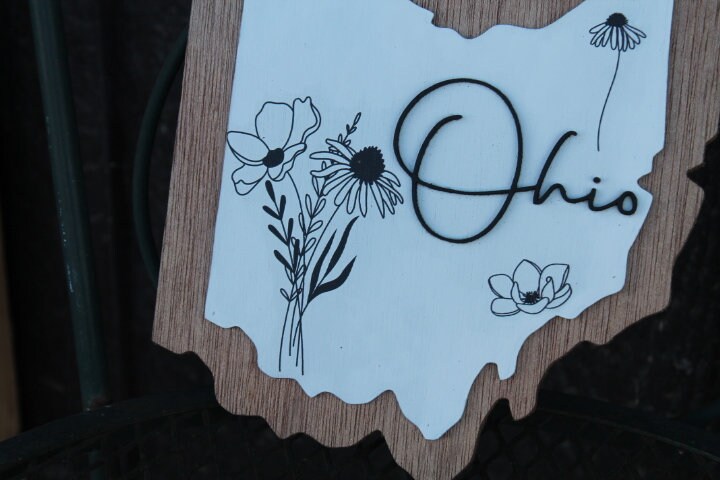 Ohio Floral Wild Flower Wall Decor Handmade State Cutout Minimalist Home decor Wooden Layered Sign Hometown Farmhouse Shabby Chic Giftable