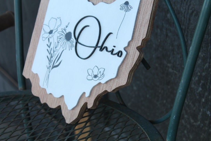 Ohio Floral Wild Flower Wall Decor Handmade State Cutout Minimalist Home decor Wooden Layered Sign Hometown Farmhouse Shabby Chic Giftable