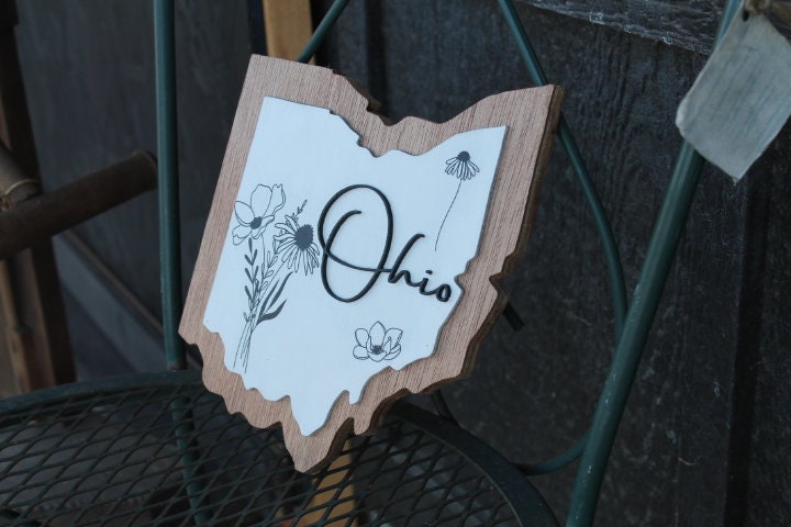 Ohio Floral Wild Flower Wall Decor Handmade State Cutout Minimalist Home decor Wooden Layered Sign Hometown Farmhouse Shabby Chic Giftable