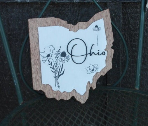 Ohio Floral Wild Flower Wall Decor Handmade State Cutout Minimalist Home decor Wooden Layered Sign Hometown Farmhouse Shabby Chic Giftable