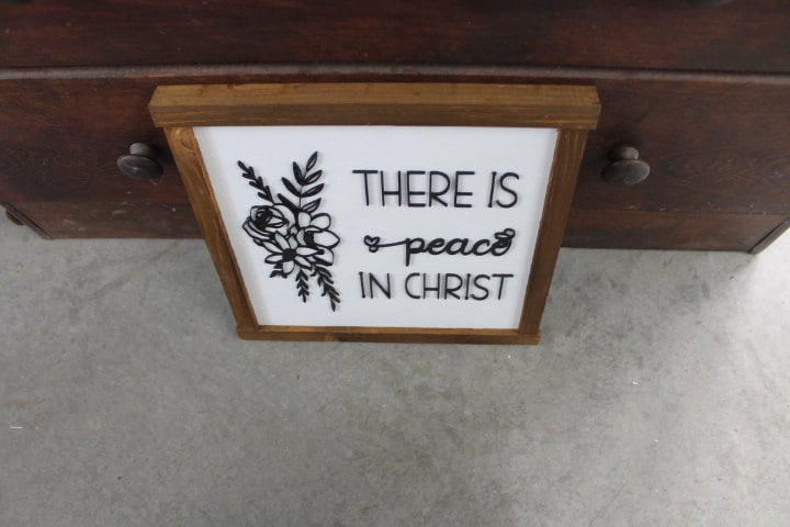 Peace in Christ Floral Laurel Faith Jesus Bible Verse Christian Comfort Flower Square Small Rustic Wood Sign 3D Lettering Framed Decor