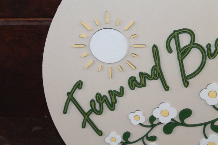 Sun Fern Birdie Social Handle Custom Sign Round Business Signage Boutique Made to Order Store Front Small Shop Logo Circle Wooden Handmade
