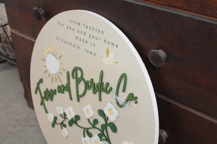 Sun Fern Birdie Social Handle Custom Sign Round Business Signage Boutique Made to Order Store Front Small Shop Logo Circle Wooden Handmade