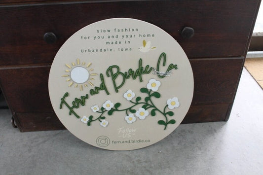 Sun Fern Birdie Social Handle Custom Sign Round Business Signage Boutique Made to Order Store Front Small Shop Logo Circle Wooden Handmade