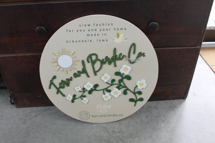 Sun Fern Birdie Social Handle Custom Sign Round Business Signage Boutique Made to Order Store Front Small Shop Logo Circle Wooden Handmade