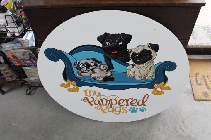 Groomer Pamper Pugs Personalized Waterproof Sign Smooth Round Circle Outdoor Ready for your Business Logo Great for hanging or wall mounted