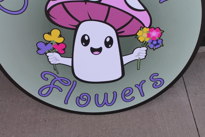 Greenhouse Mushroom Flowers Personalized Waterproof Sign Smooth Round Outdoor Ready for your Business Logo Great for hanging or wall mounted