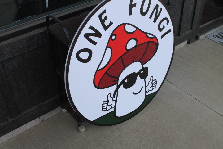 Mushroom Fungi Fungus Fun Guy Sunglasses Personalize Waterproof Sign Smooth Round Outdoor Business Logo Great for hanging or wall mounted