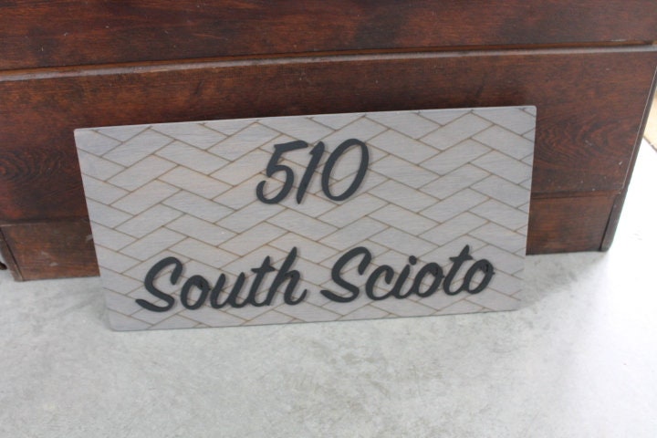 Custom Address Sign Chevron Subway Tile Herringbone Engraved and Raised Personalized Street Sign Wooden Handmade Layered Your Address Etched