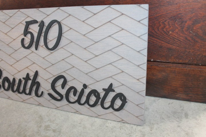 Custom Address Sign Chevron Subway Tile Herringbone Engraved and Raised Personalized Street Sign Wooden Handmade Layered Your Address Etched