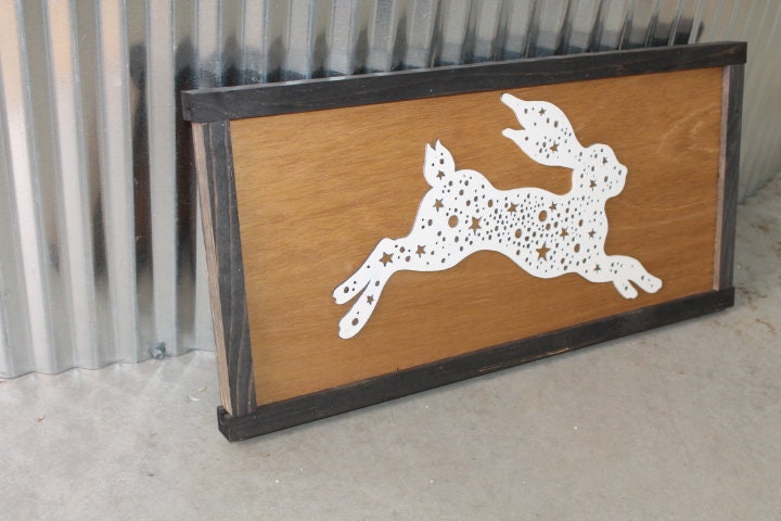 Bunny Rabbit Hare Stars Nursery Woodsy Woodland Fairy Tale Folk Running Wood Rustic Sign Farmhouse Unique Detailed Handmade Home decor