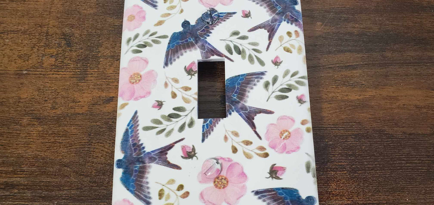 Blue Bird Swallow Floral Flowers Spring Printed in Color Light Switch Cover Plate Durable Baby Room Kids Room